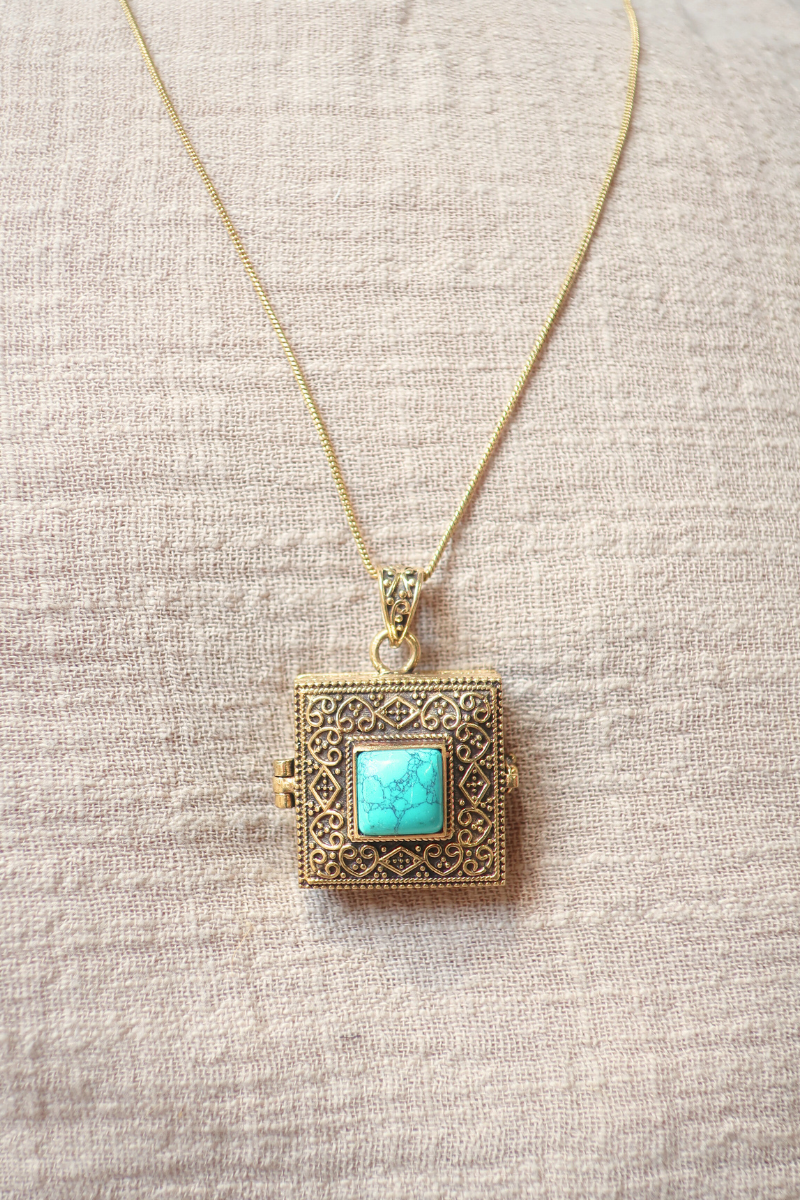 Ornate Locket Necklace in Gold with Reconstituted Turquoise