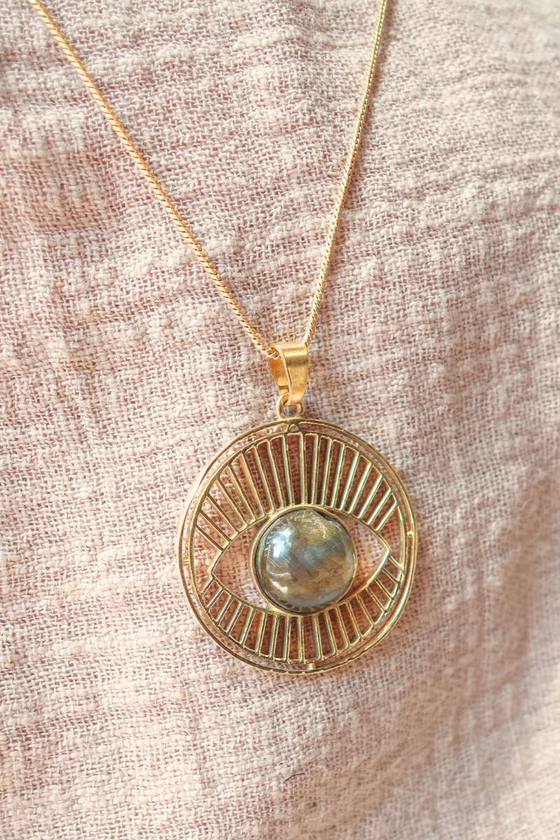 Third Eye Pendant Necklace in Gold with Marbled Tourmaline