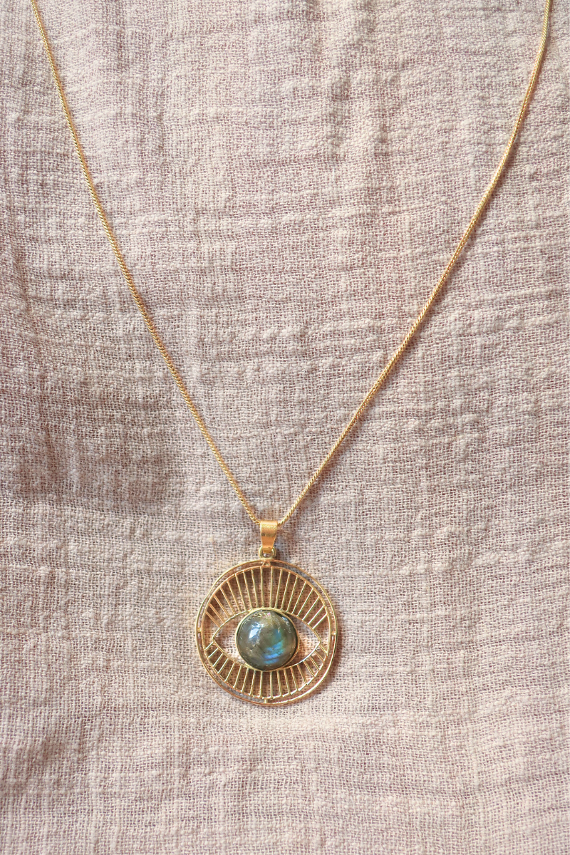 Third Eye Pendant Necklace in Gold with Marbled Tourmaline
