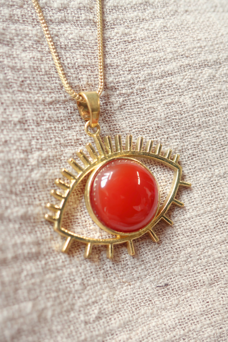 Medusa Pendant Necklace in Gold with Red Carmine