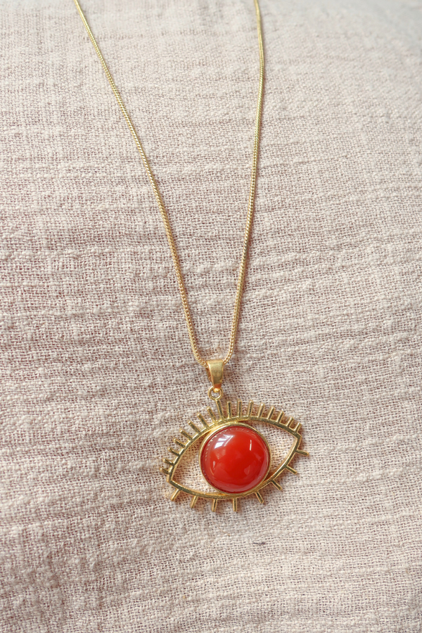 Medusa Pendant Necklace in Gold with Red Carmine