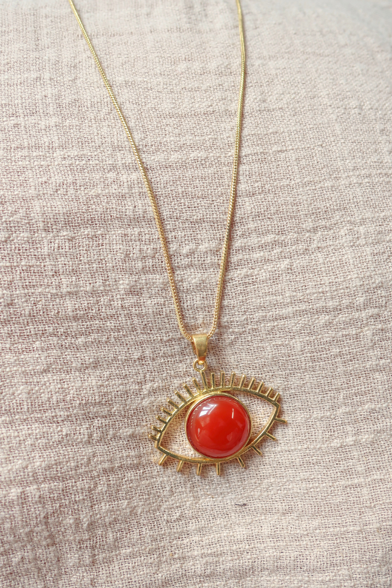 Medusa Pendant Necklace in Gold with Red Carmine