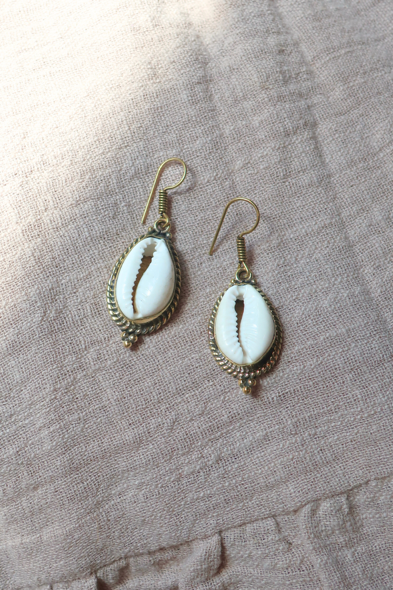 Cowrie Shell Drop Earrings in Gold Plated Brass