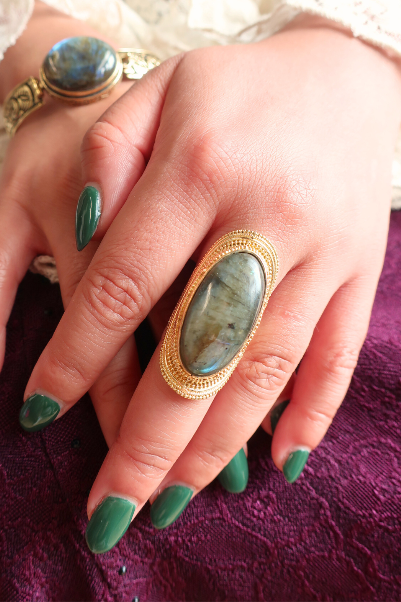 Oval Adjustable Free Size Statement Ring in Gold with Marbled Tourmaline