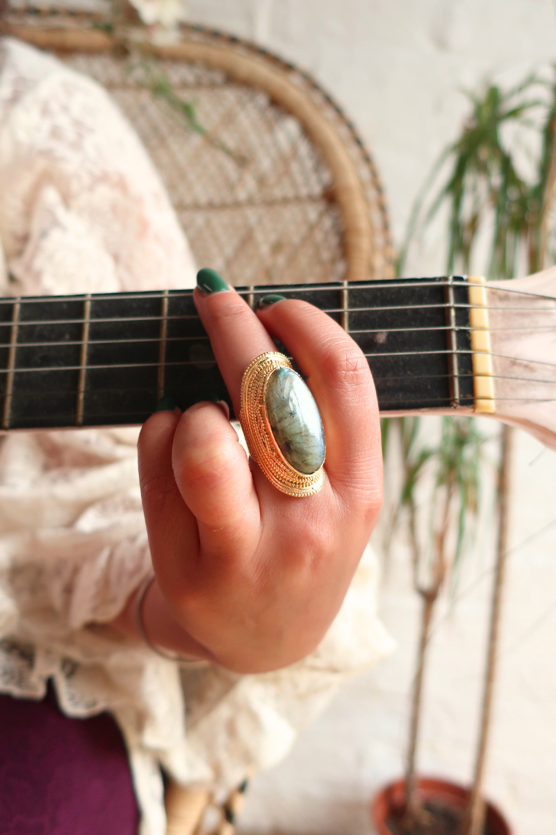 Oval Adjustable Free Size Statement Ring in Gold with Marbled Tourmaline