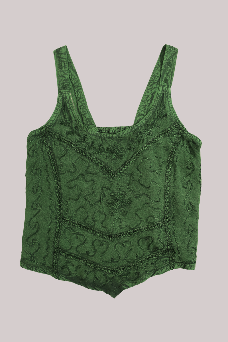 Embroidered Handkerchief Top in Deep Evergreen - Free Size