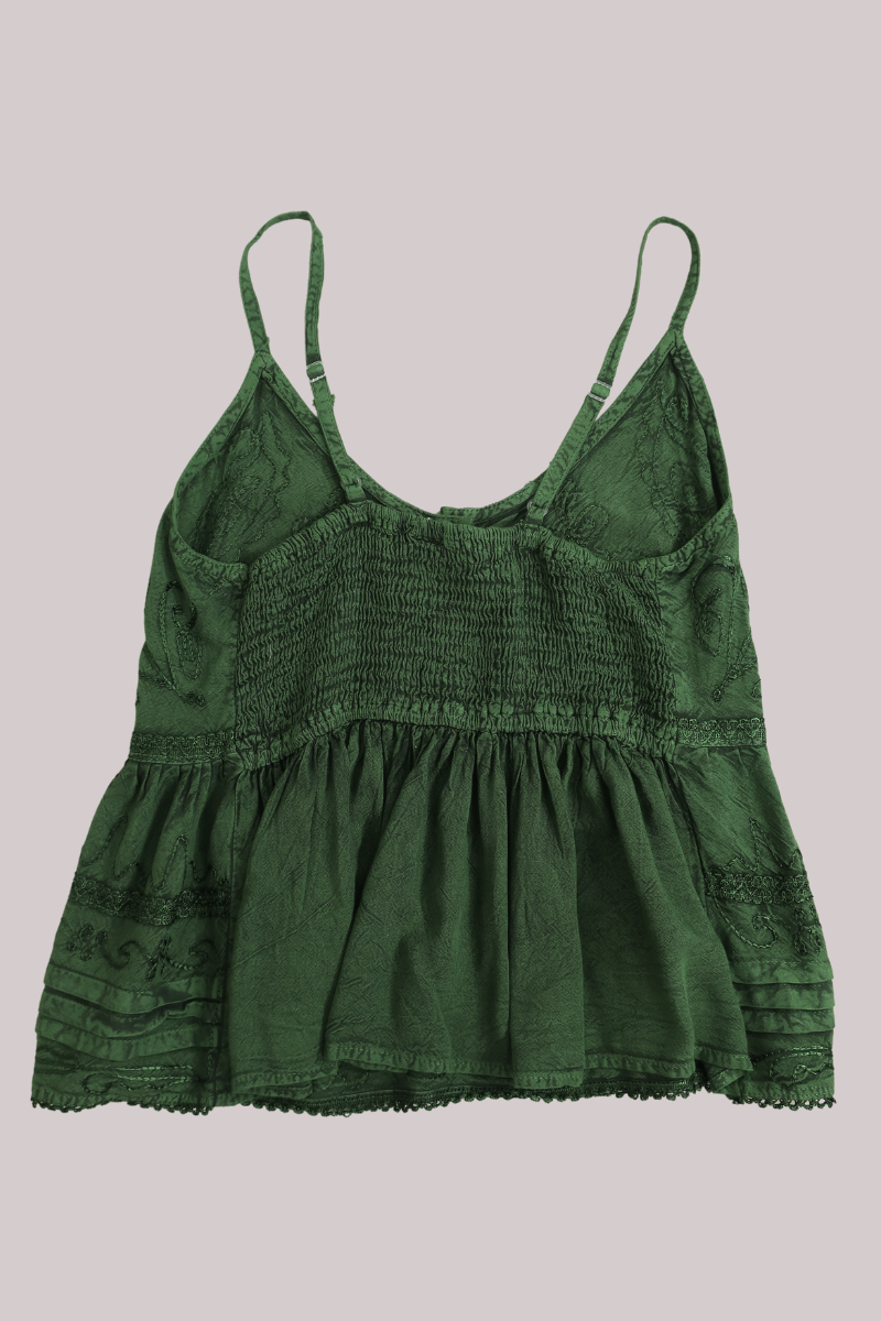 Embroidered Peplum Cami Top in Forest Green - Free Size