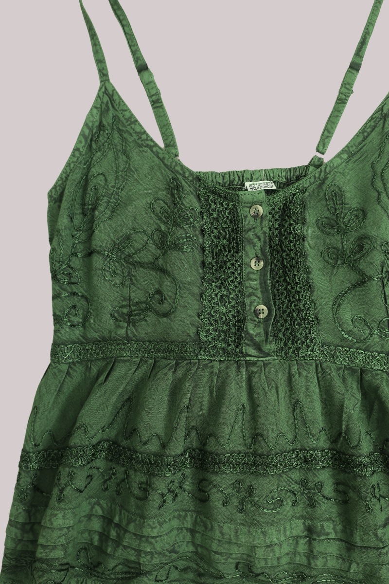 Embroidered Peplum Cami Top in Forest Green - Free Size