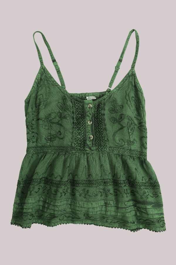 Embroidered Peplum Cami Top in Forest Green - Free Size