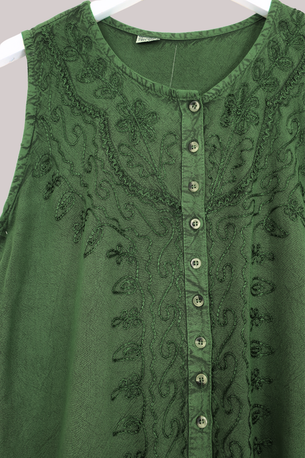 Embroidered Waistcoat Vest Top in Forest Green - Free Size