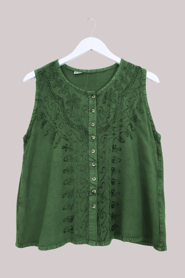 Embroidered Waistcoat Vest Top in Forest Green - Free Size