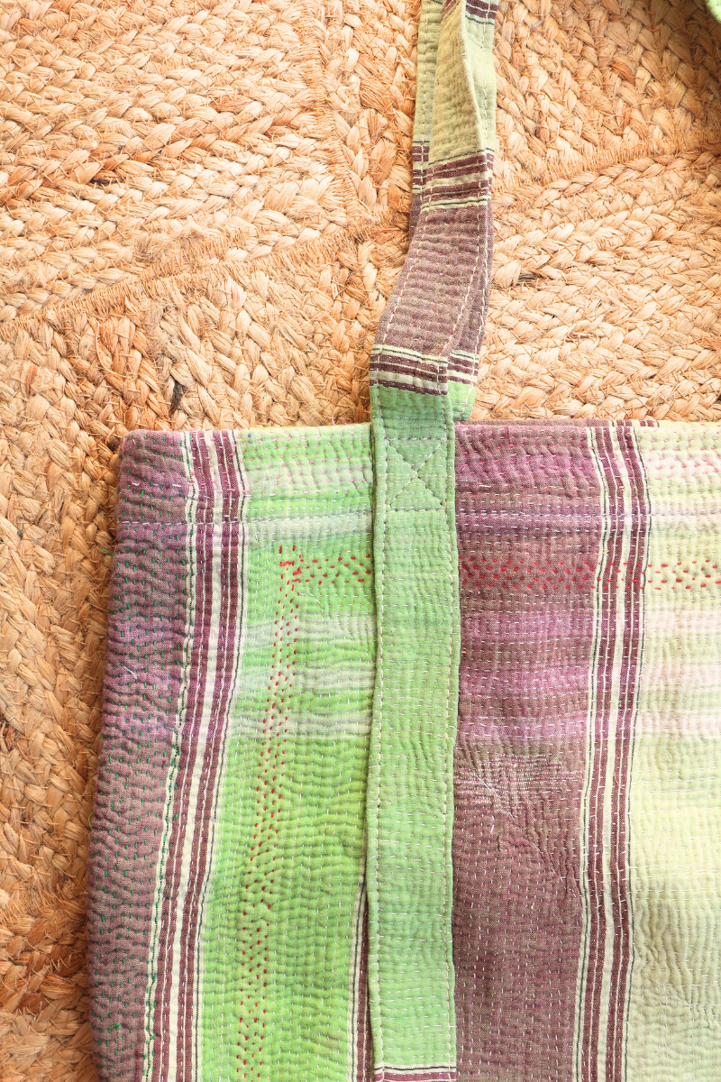 Vintage Kantha Tote Bag in Spring Green Stripe by All About Audrey