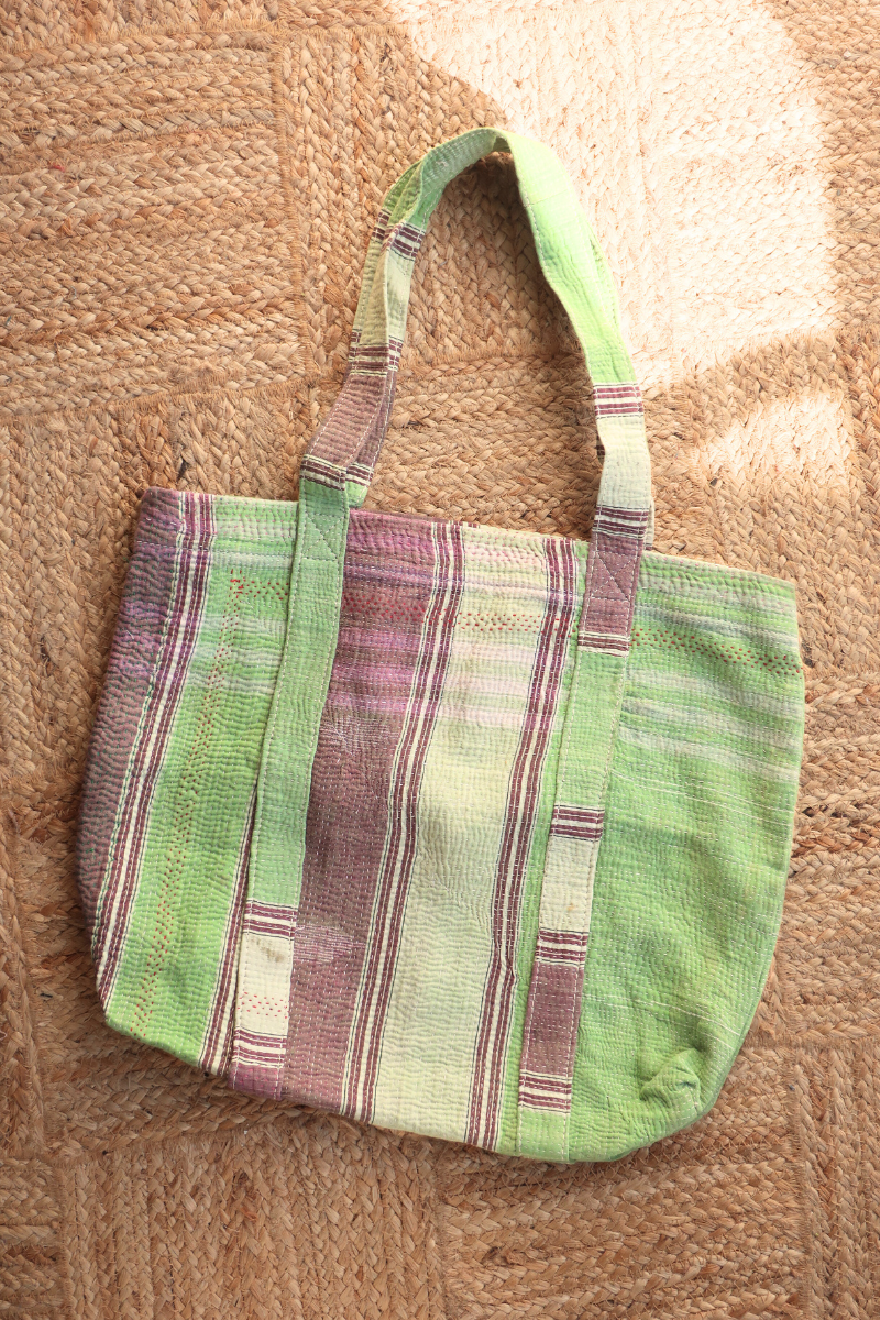 Vintage Kantha Tote Bag in Spring Green Stripe by All About Audrey