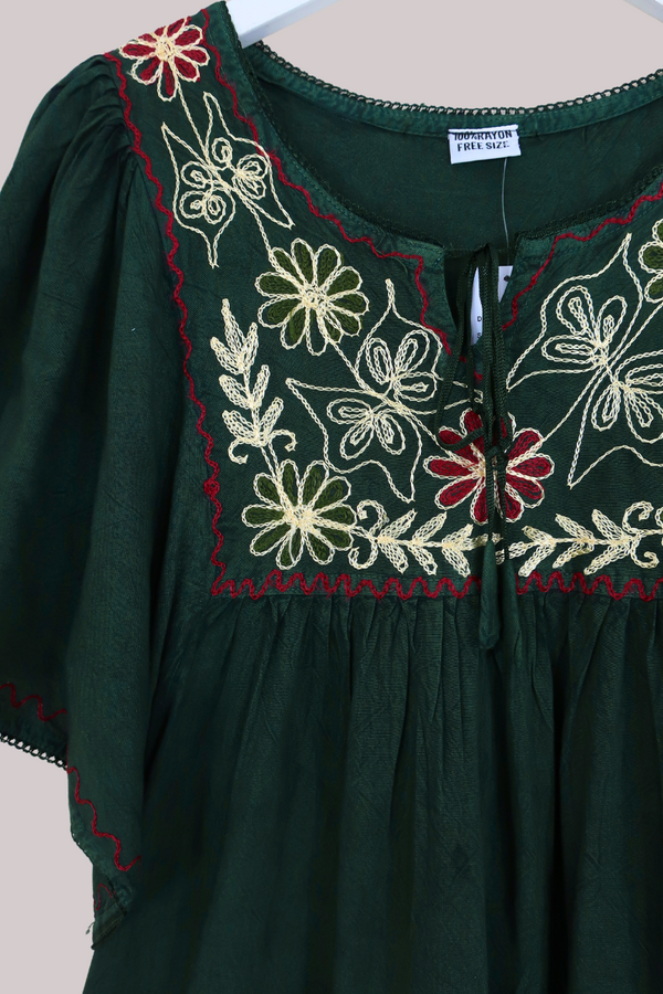 Embroidered Tunic Smock Top in Forest Green - Free Size