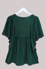 Embroidered Tunic Smock Top in Forest Green - Free Size