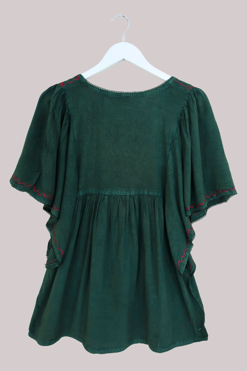 Embroidered Tunic Smock Top in Forest Green - Free Size