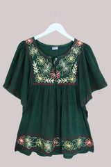 Embroidered Tunic Smock Top in Forest Green - Free Size