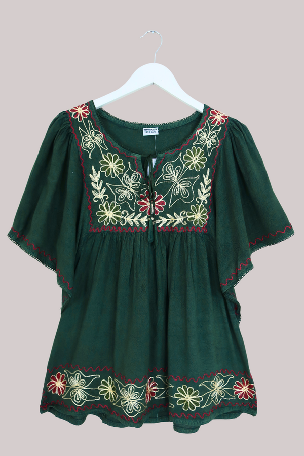 Embroidered Tunic Smock Top in Forest Green - Free Size