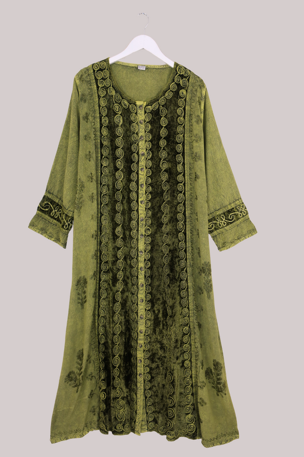 Indian Velvet Embroidered Kaftan in Woodland Moss by All About Audrey