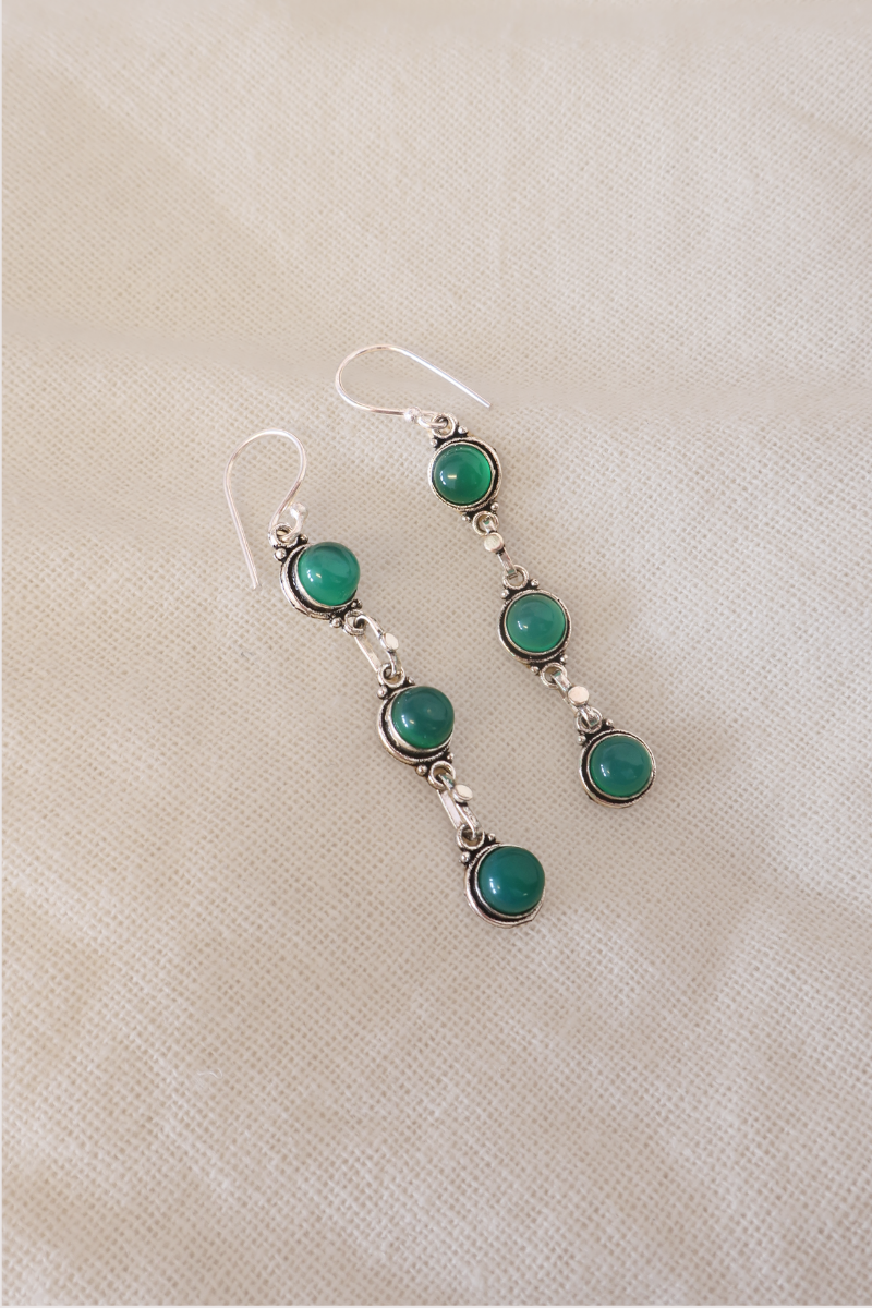 Green Onyx Beads Silver Plated Earrings