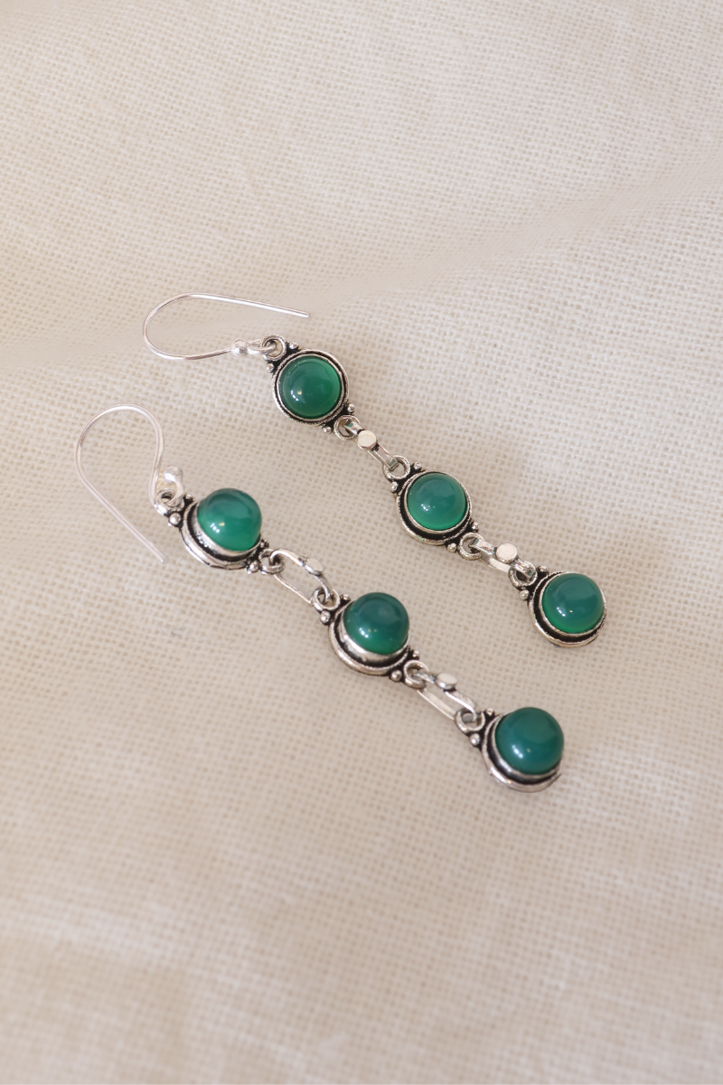 Green Onyx Beads Silver Plated Earrings