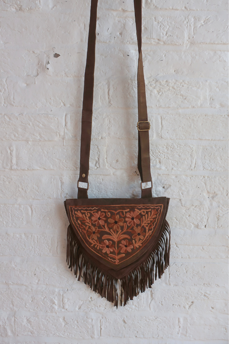 Zelda Embroidered Suede Saddle Bag in Khaki & Sundrop Cosmos