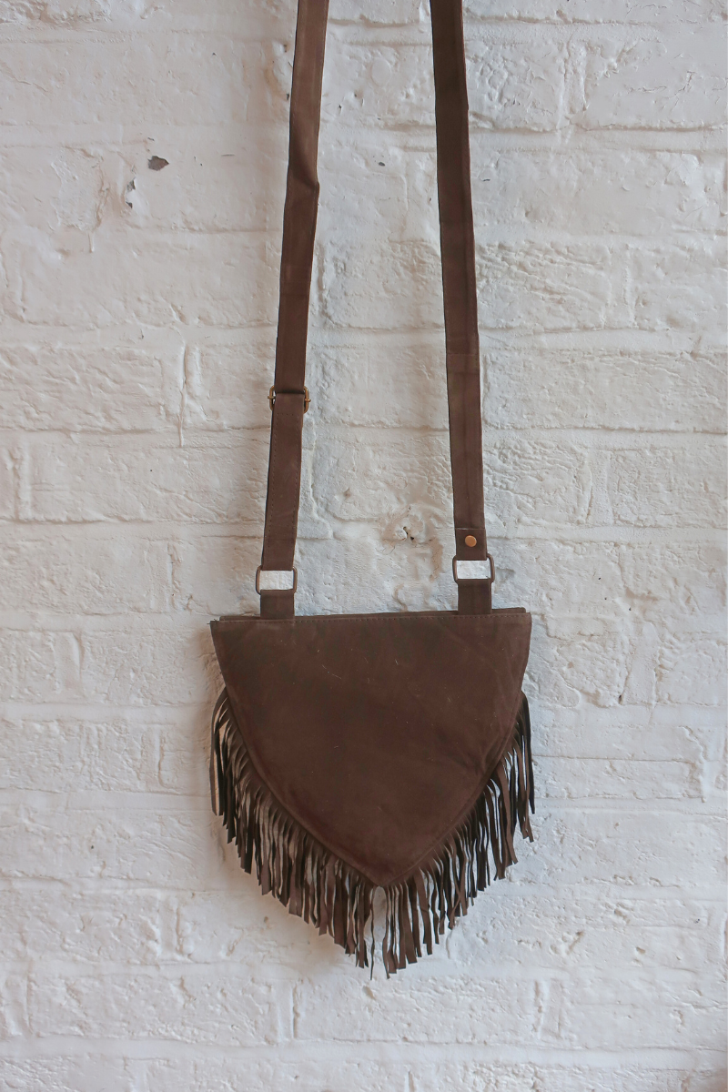 Zelda Embroidered Suede Saddle Bag in Khaki & Sundrop Cosmos