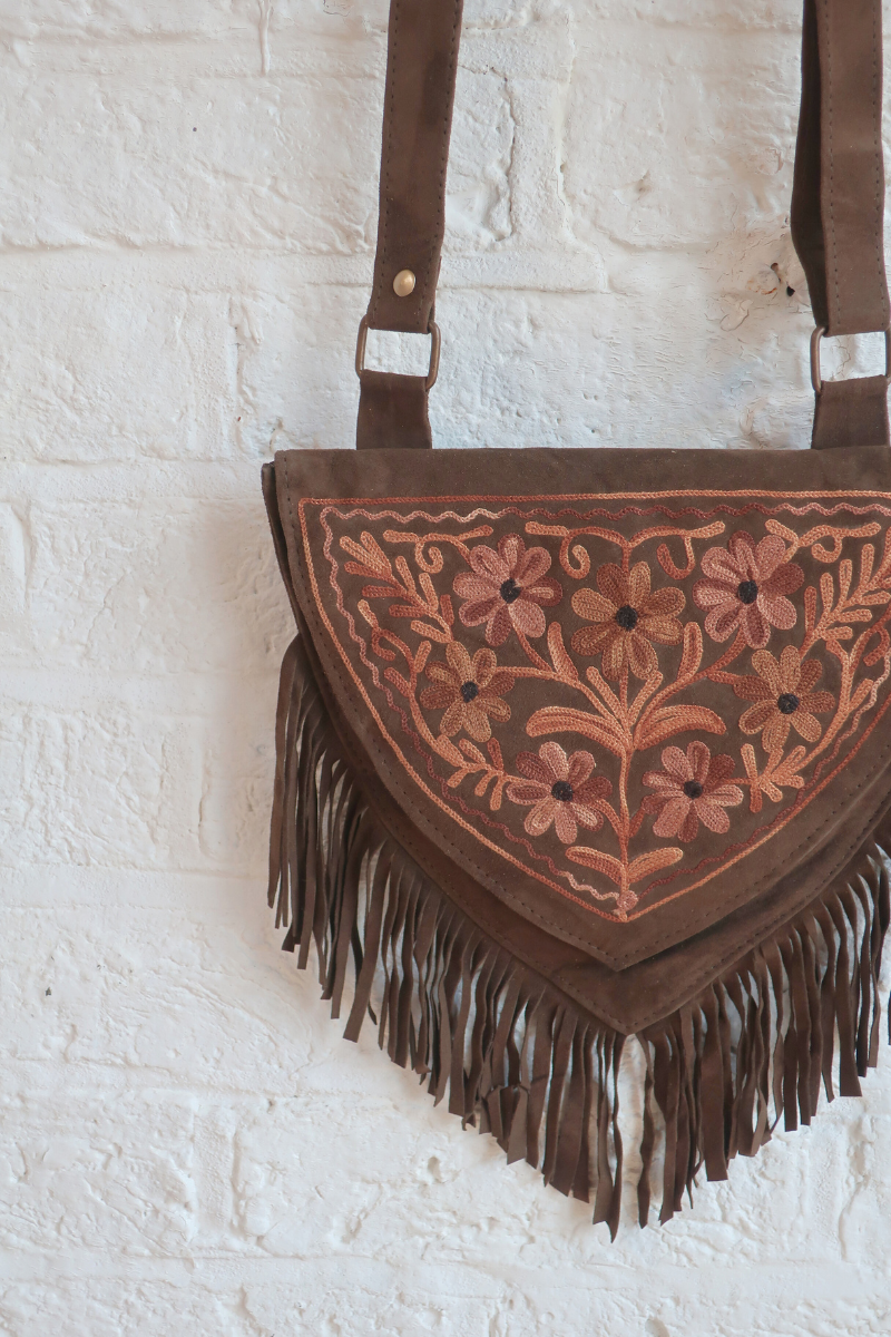 Zelda Embroidered Suede Saddle Bag in Khaki & Sundrop Cosmos