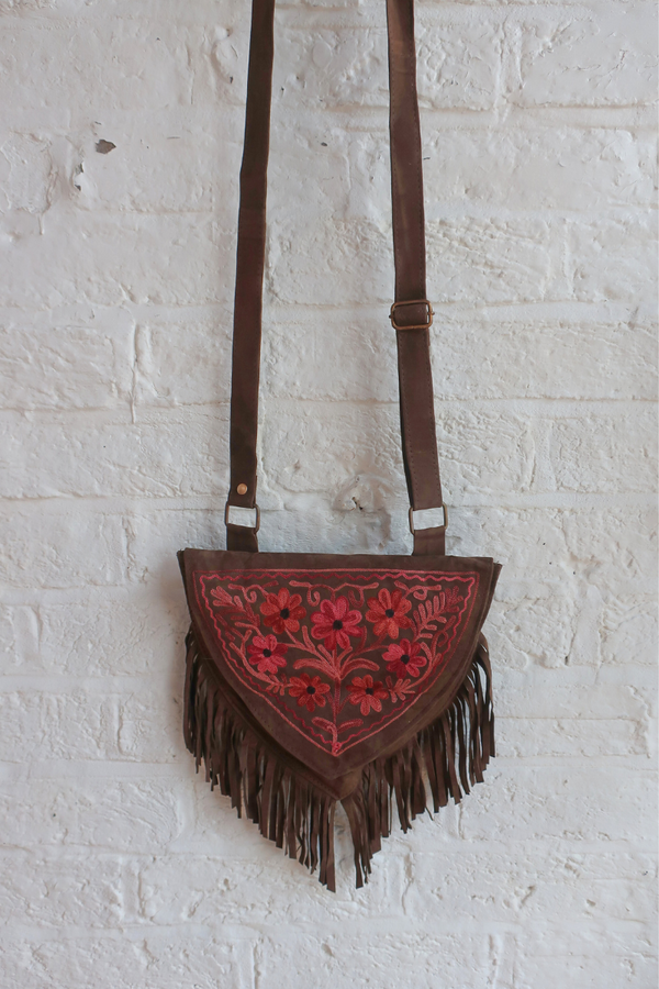 Zelda Embroidered Suede Saddle Bag in Khaki & Plum Purple Cosmos