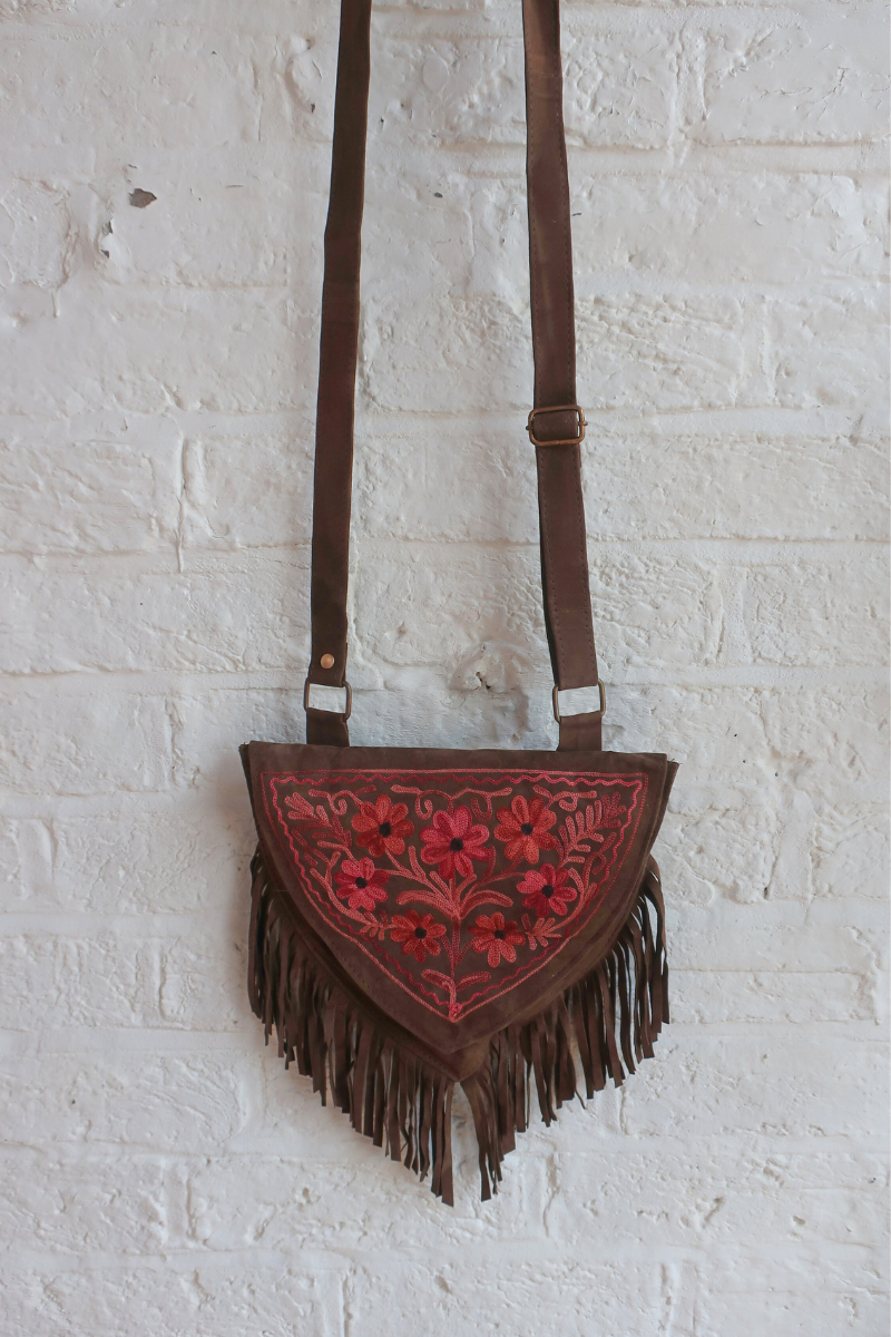 Zelda Embroidered Suede Saddle Bag in Khaki & Plum Purple Cosmos