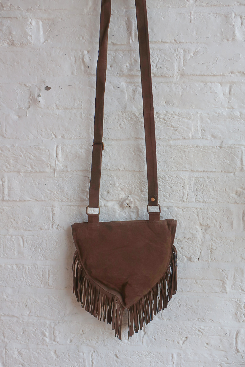 Zelda Embroidered Suede Saddle Bag in Khaki & Plum Purple Cosmos