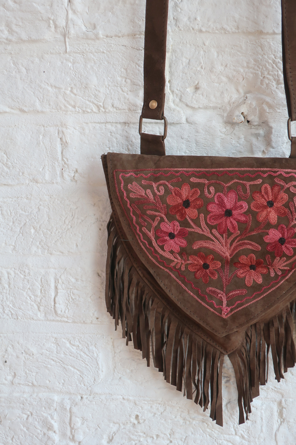 Zelda Embroidered Suede Saddle Bag in Khaki & Plum Purple Cosmos