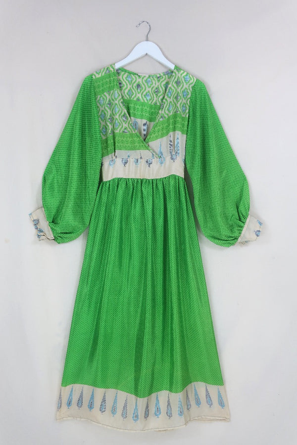 Rosemary Maxi Dress - Vintage Indian Sari - Lime Green & Pampas Grass - Size XS/S By All About Audrey