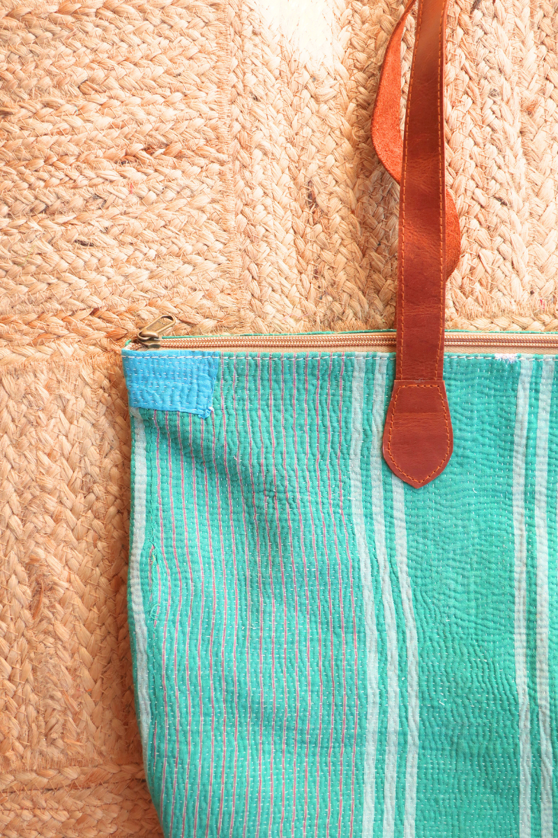 Vintage Kantha Leather Strap Tote Bag in Sea Green Stripe by All About Audrey