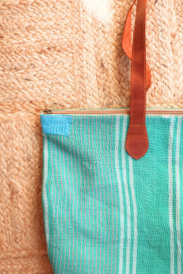 Vintage Kantha Leather Strap Tote Bag in Sea Green Stripe by All About Audrey