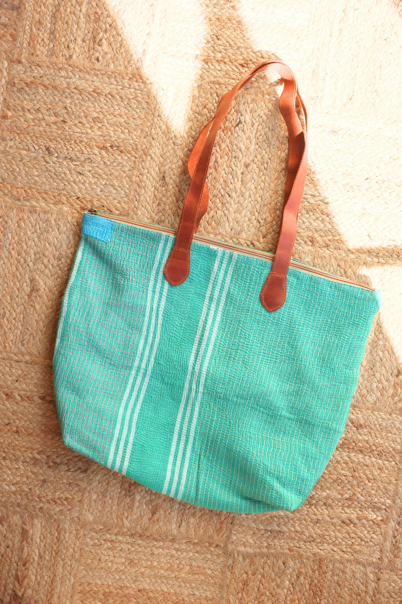 Vintage Kantha Leather Strap Tote Bag in Sea Green Stripe by All About Audrey