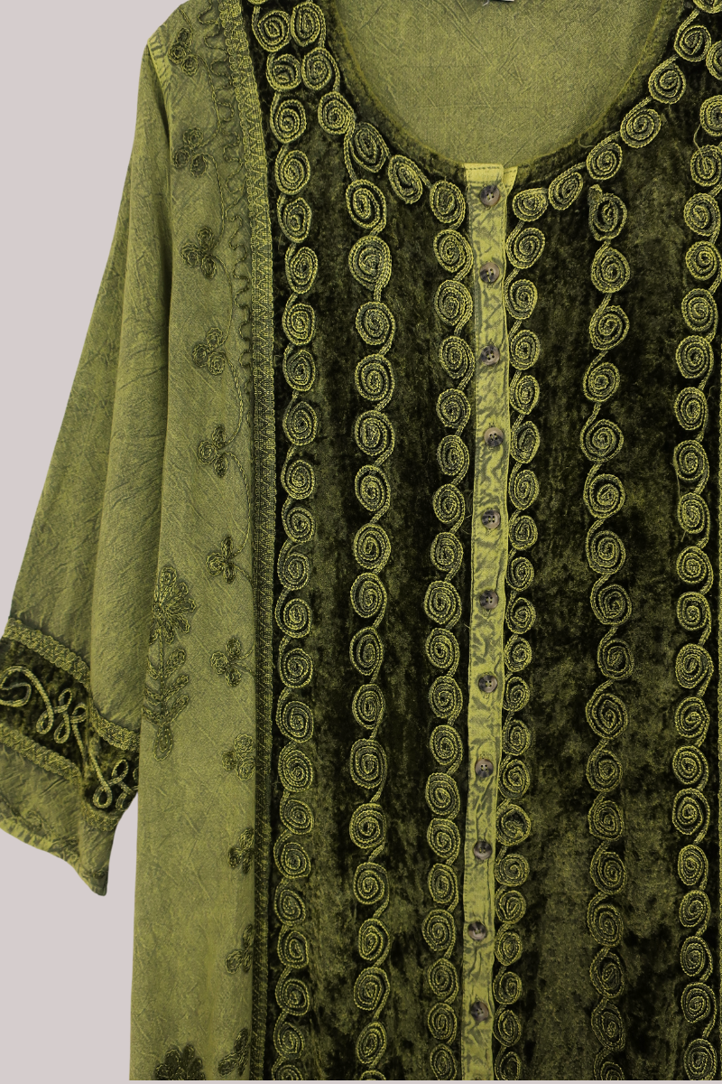 Indian Velvet Embroidered Kaftan in Woodland Moss by All About Audrey