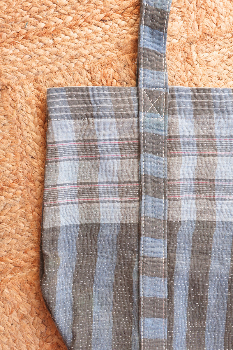 Vintage Kantha Tote Bag in Charcoal and Storm Blue Stripe Plaid