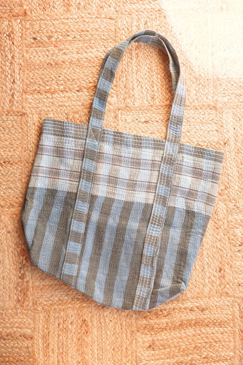Vintage Kantha Tote Bag in Charcoal and Storm Blue Stripe Plaid by All About Audrey