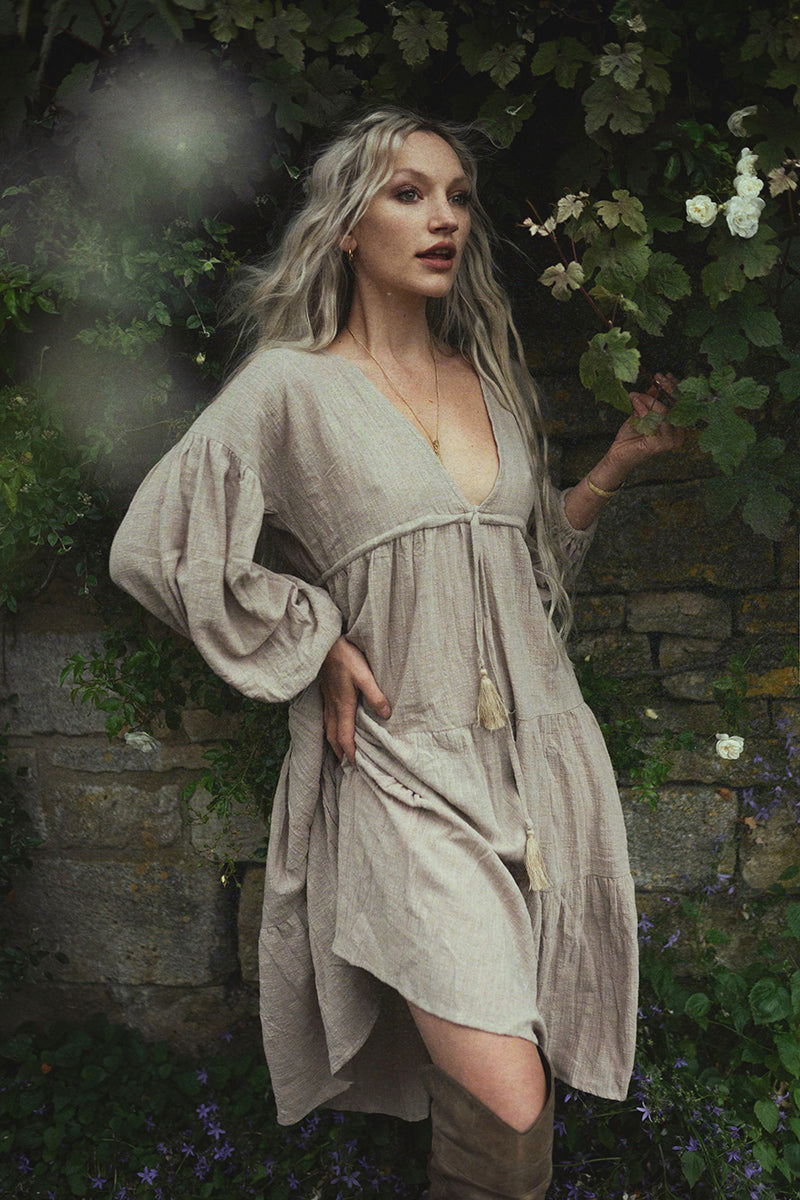 Gypsophila Organic Cotton Boho Midi Dress in Stone