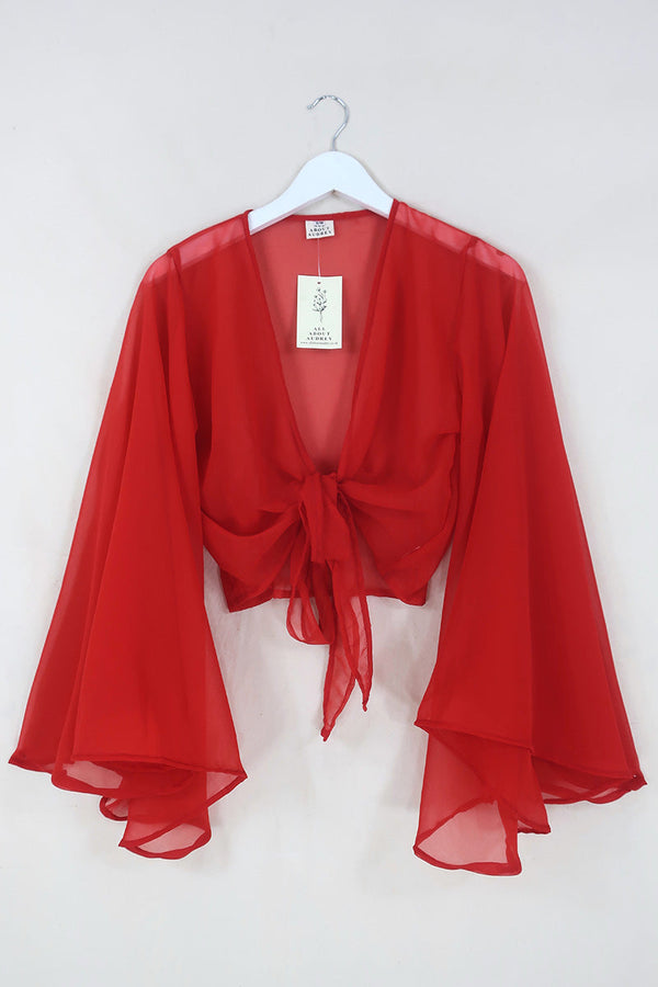 Virgo Sheer Wrap Top in Heart Red by All About Audrey
