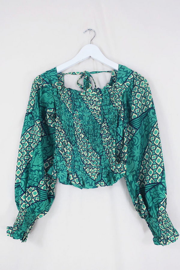 Pearl Top - Vintage Sari - Aqua Jade Geometric - XS - S By All About Audrey