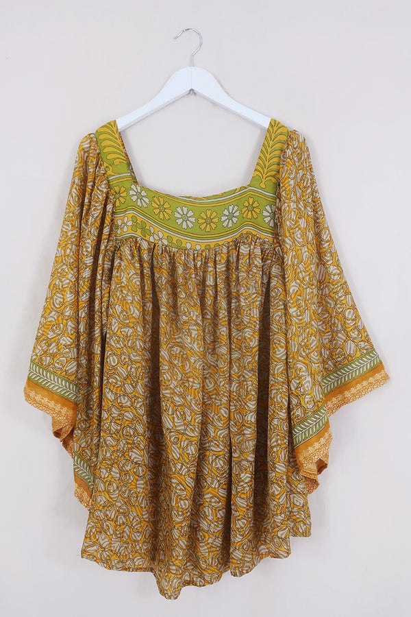 Honey Mini Dress - Citrine & Sage Daisies - Vintage Indian Sari - Free Size By All About Audrey