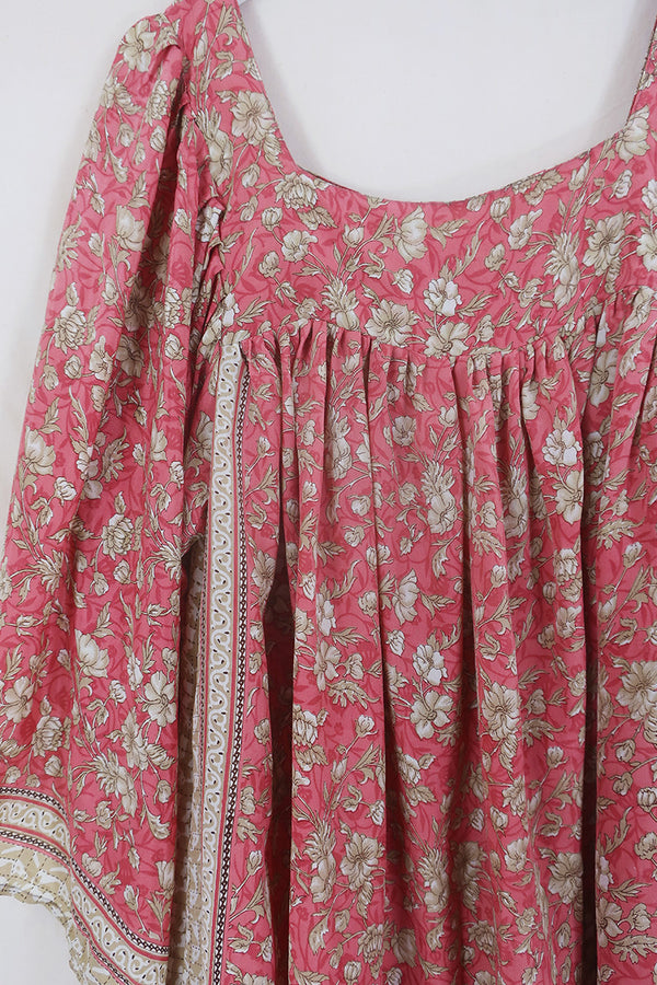 Honey Mini Dress - Antique Pink Wildflower - Vintage Indian Sari - Free Size By All About Audrey