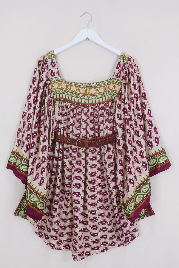 Honey Mini Dress - Plum & Pearl Paisley - Vintage Indian Sari - Free Size