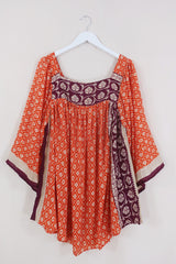 Honey Mini Dress - Saffron Orange & Plum Floral - Vintage Indian Sari - Free Size