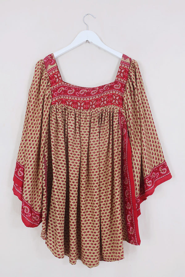 Honey Mini Dress - Carmine & Cove Motif - Vintage Indian Sari - Free Size