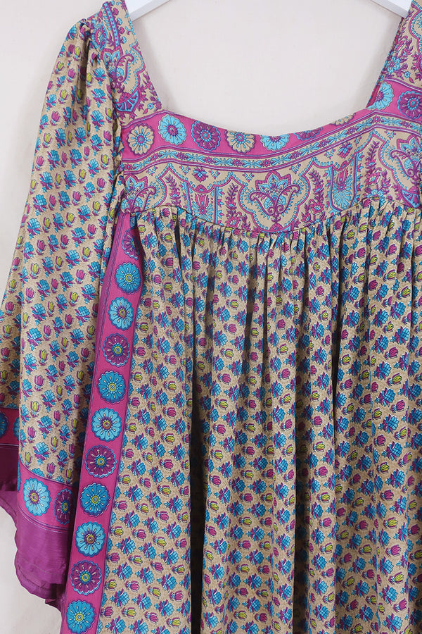Honey Mini Dress - Ecru with Vivid Floral - Vintage Indian Sari - Free Size By All About Audrey