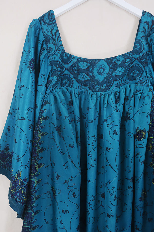 Honey Mini Dress - Twilight Blue String of Hearts - Vintage Indian Sari - Free Size