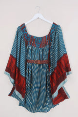 Honey Mini Dress - Embroidered Rust & River Paisley - Vintage Indian Sari - Free Size